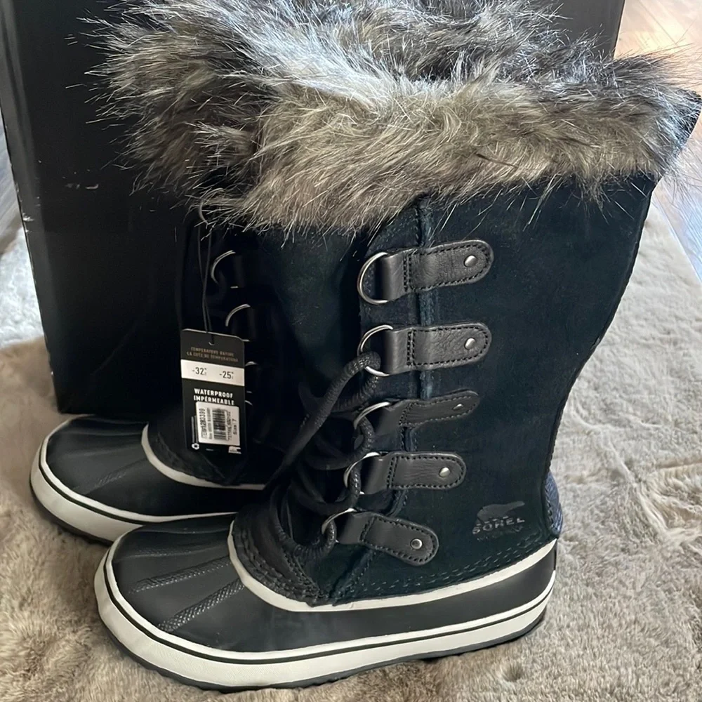 Sorel Black and White Winter Rain Boots with Faux Fur Cuff - Picture 2 of 10